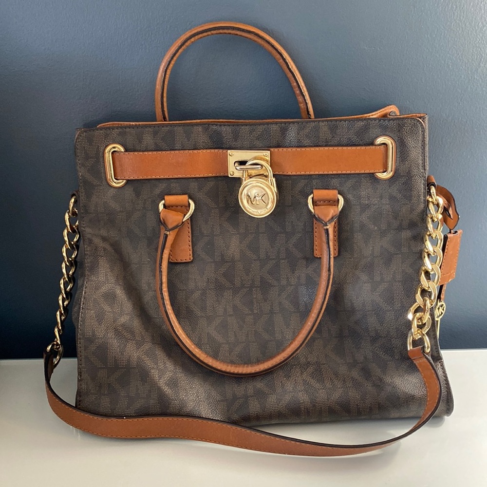 Michael Kors Brown and Tan Logo Satchel with Gold Hardware